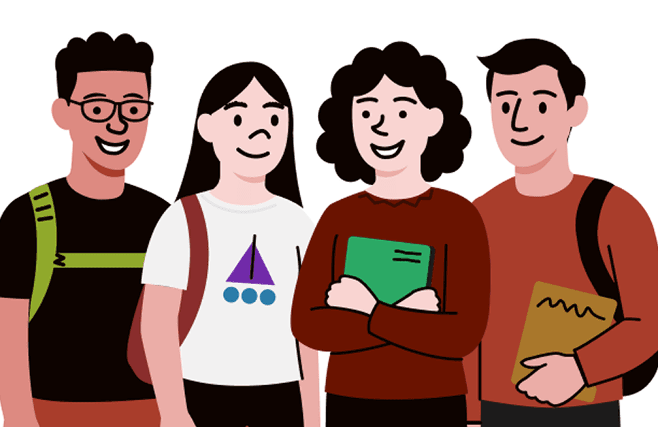 Cartoon students in school holding notebooks