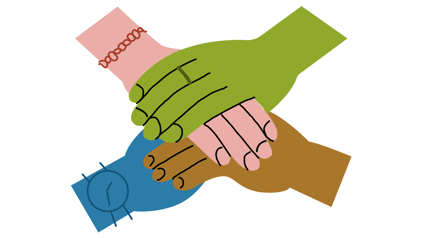 A blue, green, and tan cartoon hand stacked on top of each other