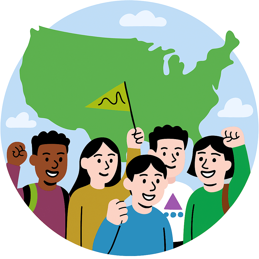 Students waving flags in front of a green map of the United States