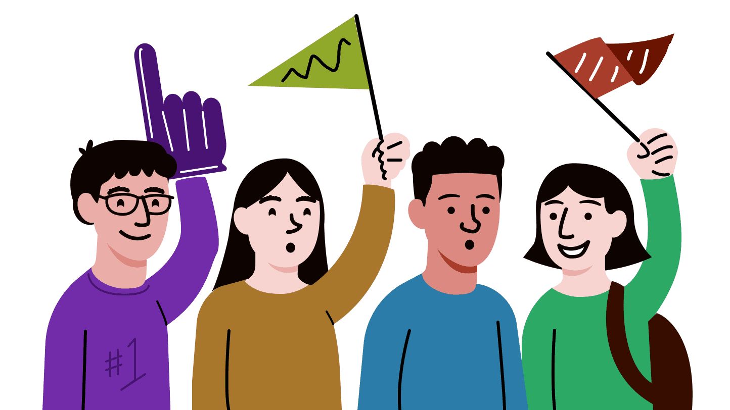 Cartoon students with backups holding up differently colored flags