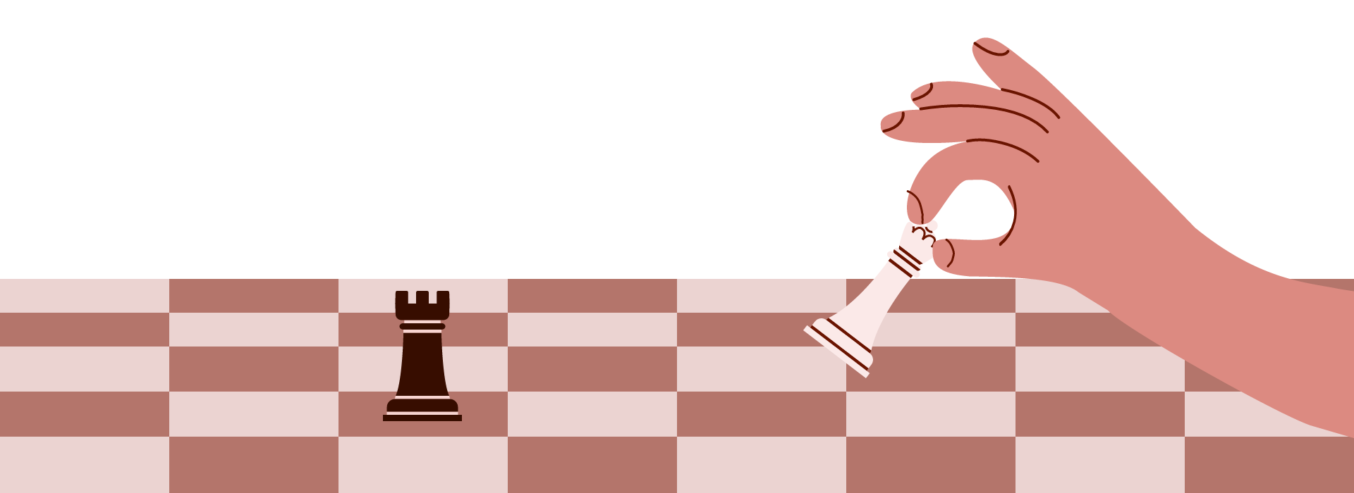 Cartoon hand placing a chess queen on top of a 3d board with a black rook.
